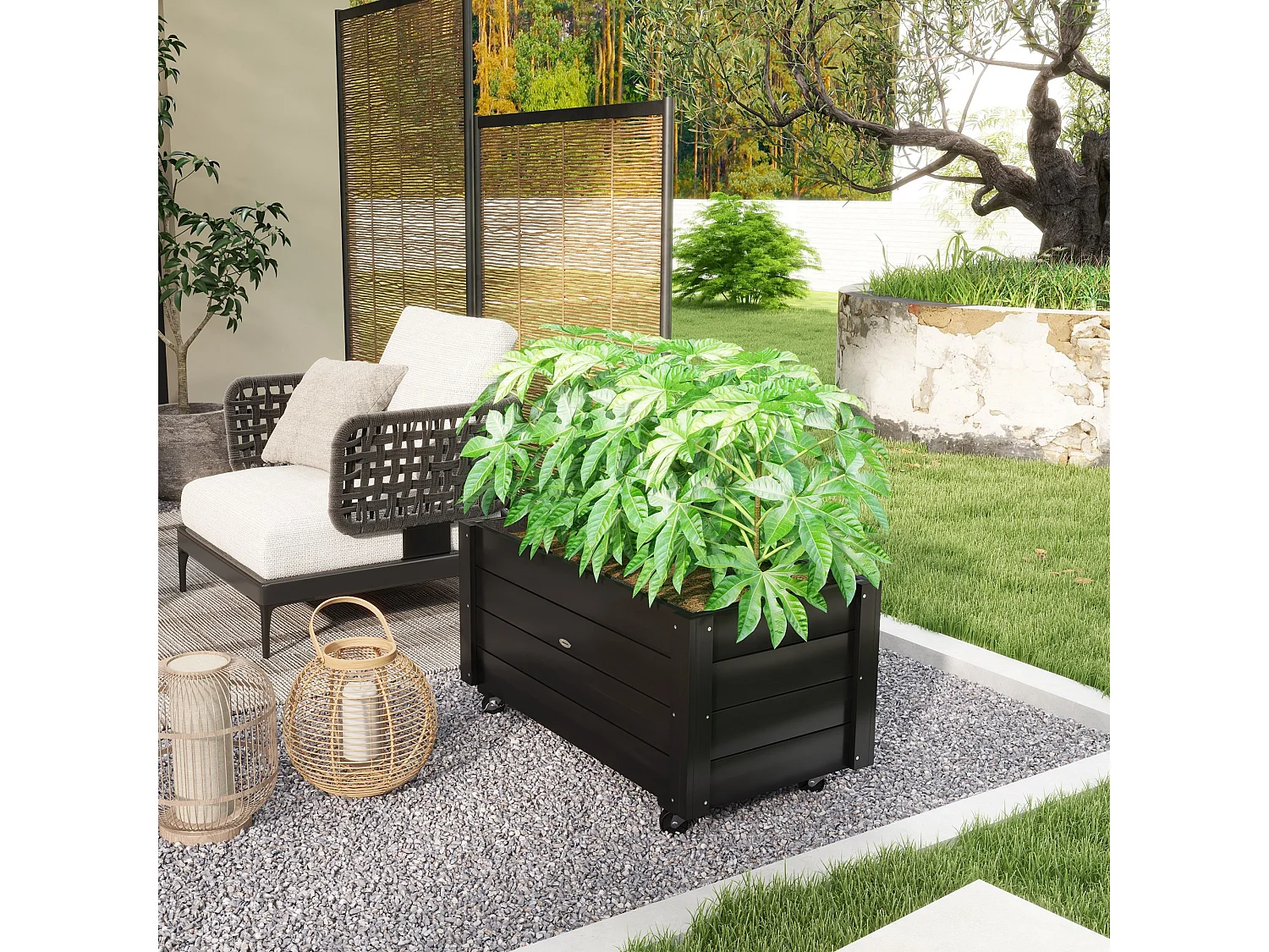 Fioriera da giardino in legno con foro di drenaggio e fodera nera