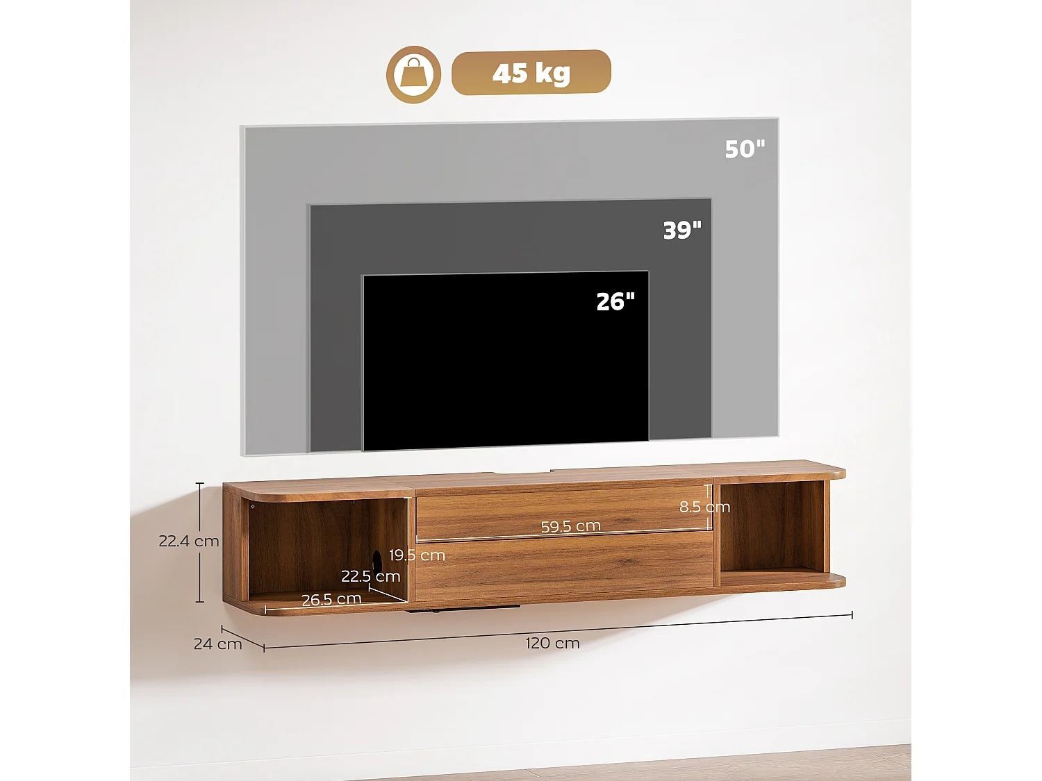 Mobile tv sospeso, mobile porta tv fino a 50" con prese di corrente