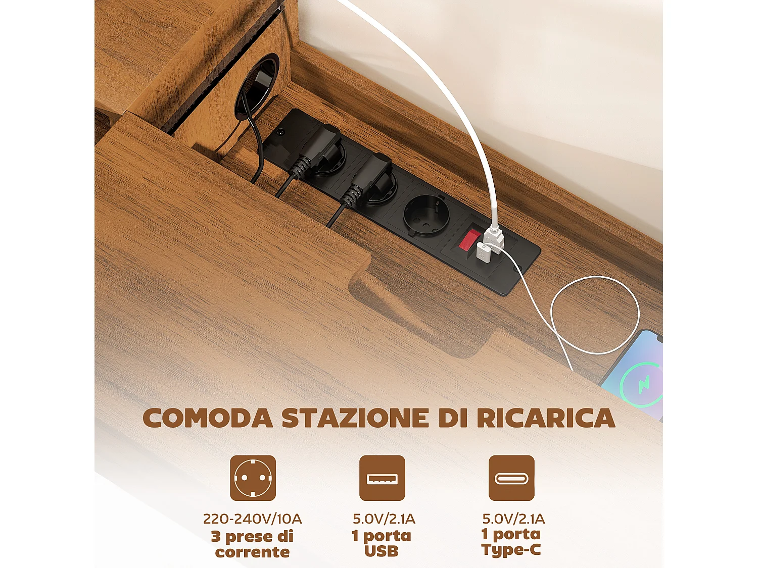 Mobile tv sospeso, mobile porta tv fino a 50" con prese di corrente