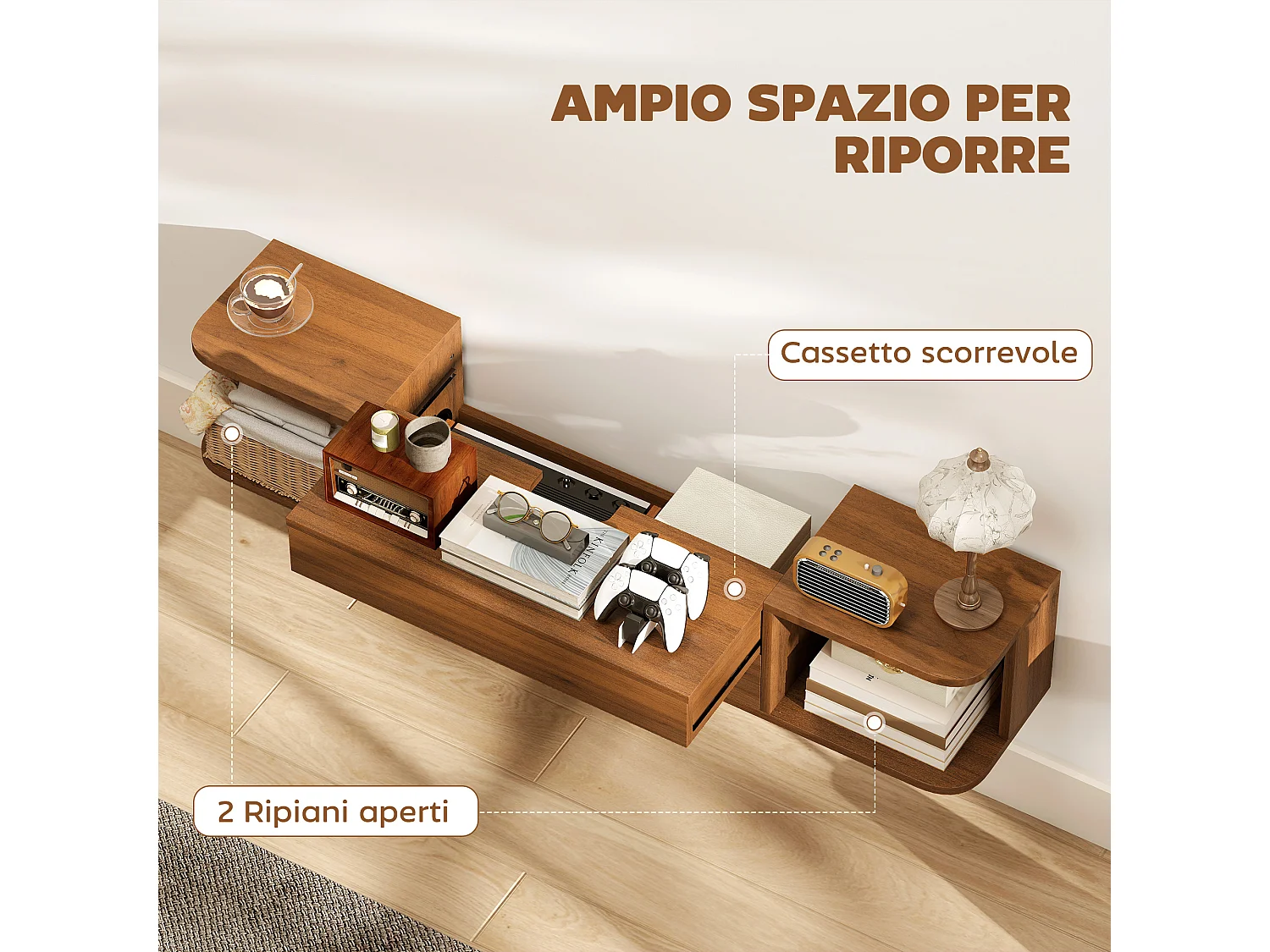 Mobile tv sospeso, mobile porta tv fino a 50" con prese di corrente