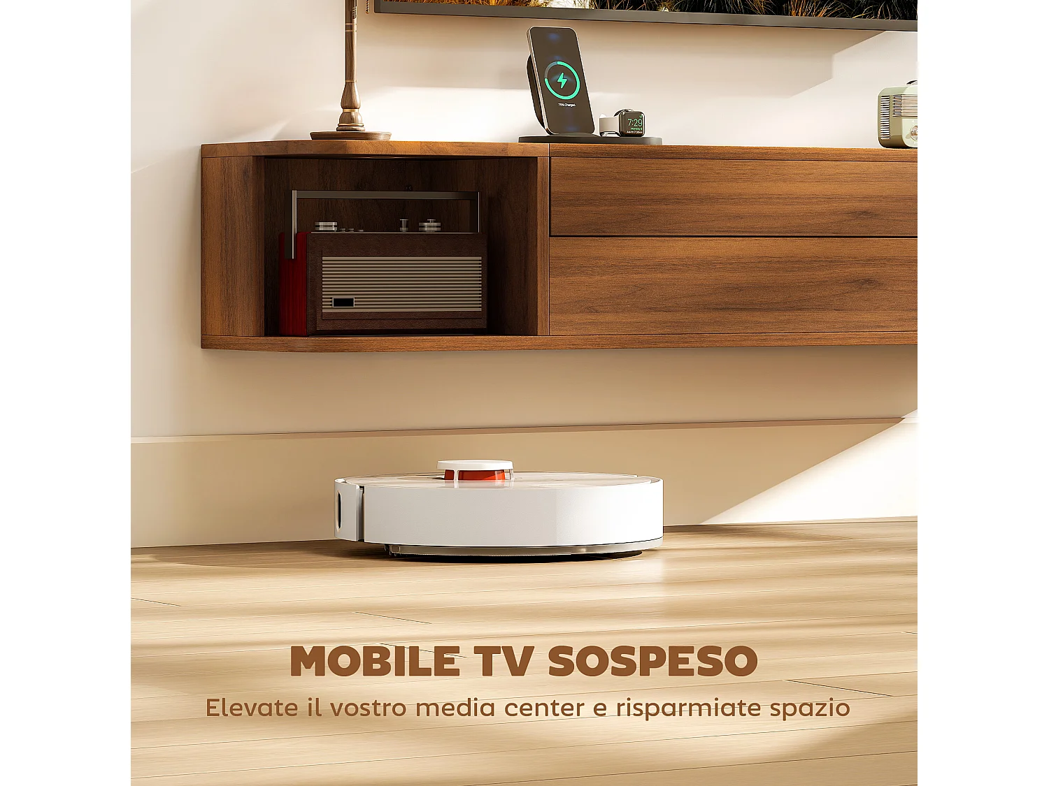 Mobile tv sospeso, mobile porta tv fino a 50" con prese di corrente