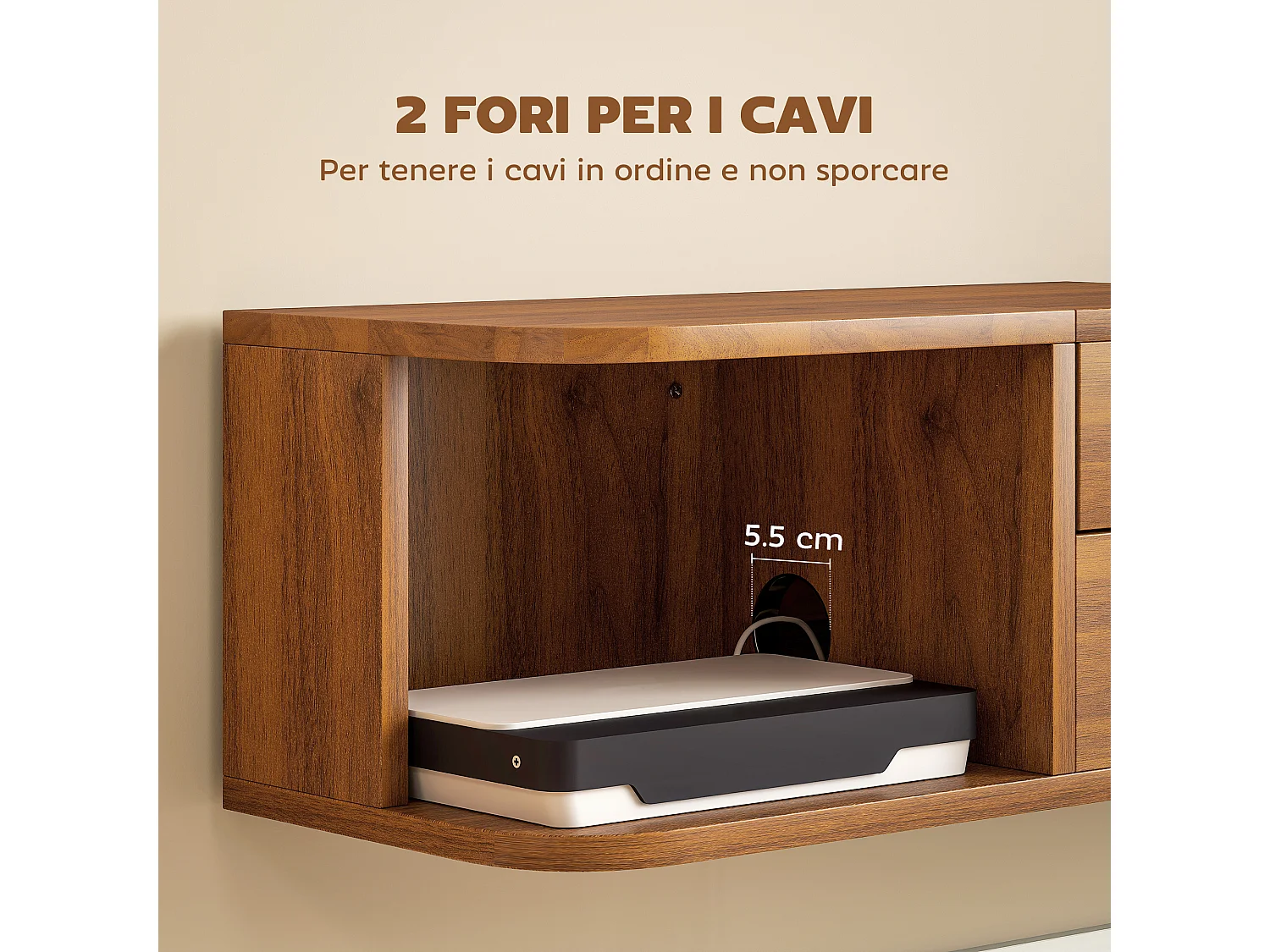 Mobile tv sospeso, mobile porta tv fino a 50" con prese di corrente