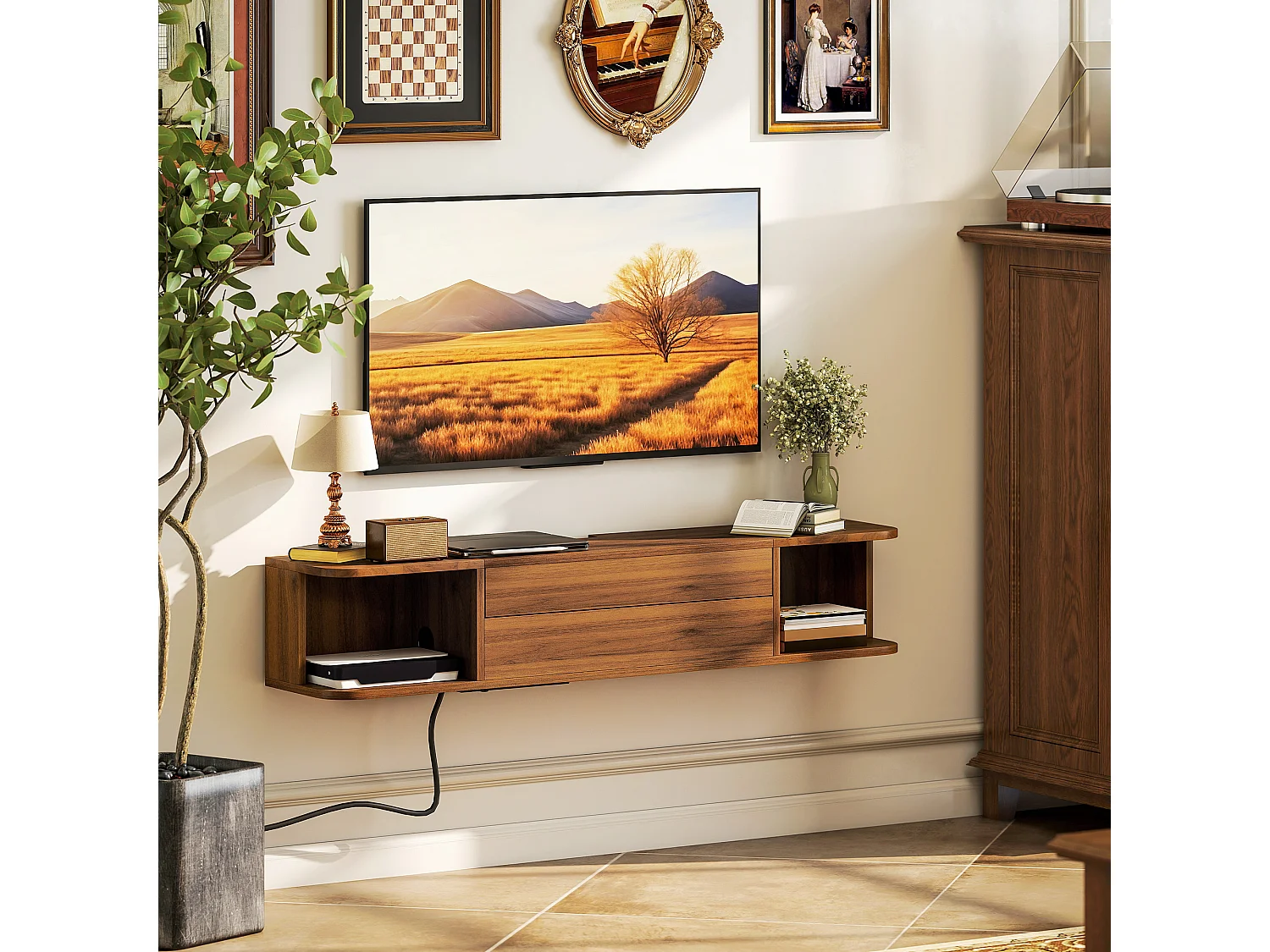 Mobile tv sospeso, mobile porta tv fino a 50" con prese di corrente