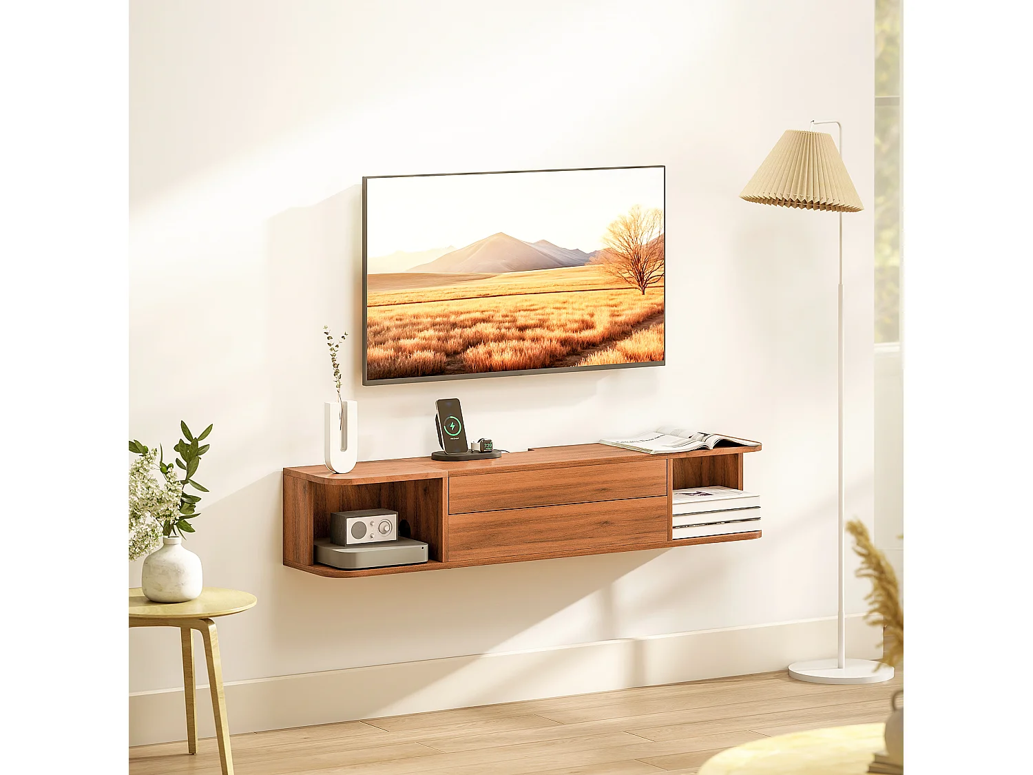 Mobile tv sospeso, mobile porta tv fino a 50" con prese di corrente