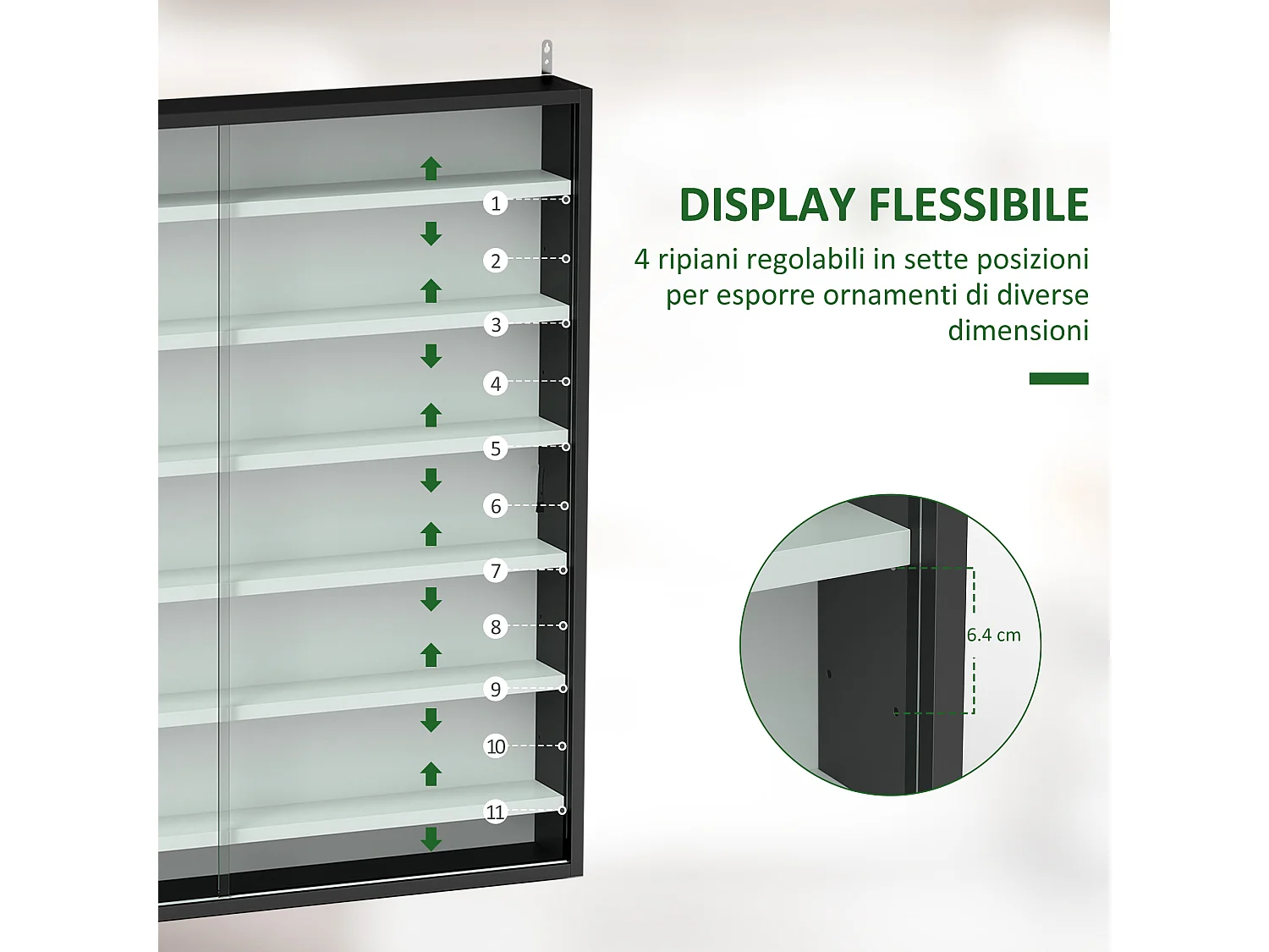 Vetrina espositiva da parete a 6 ripiani regolabili, vetrinetta per collezionismo