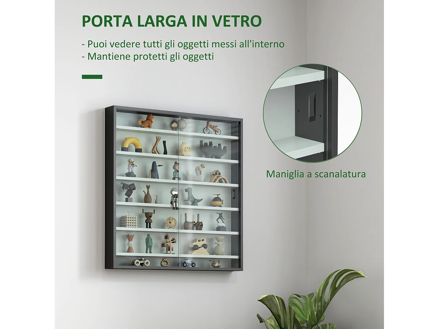 Vetrina espositiva da parete a 6 ripiani regolabili, vetrinetta per collezionismo