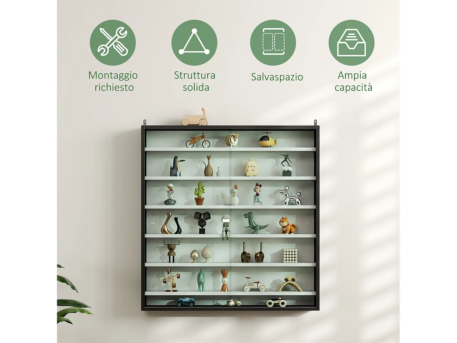 Vetrina espositiva da parete a 6 ripiani regolabili, vetrinetta per collezionismo