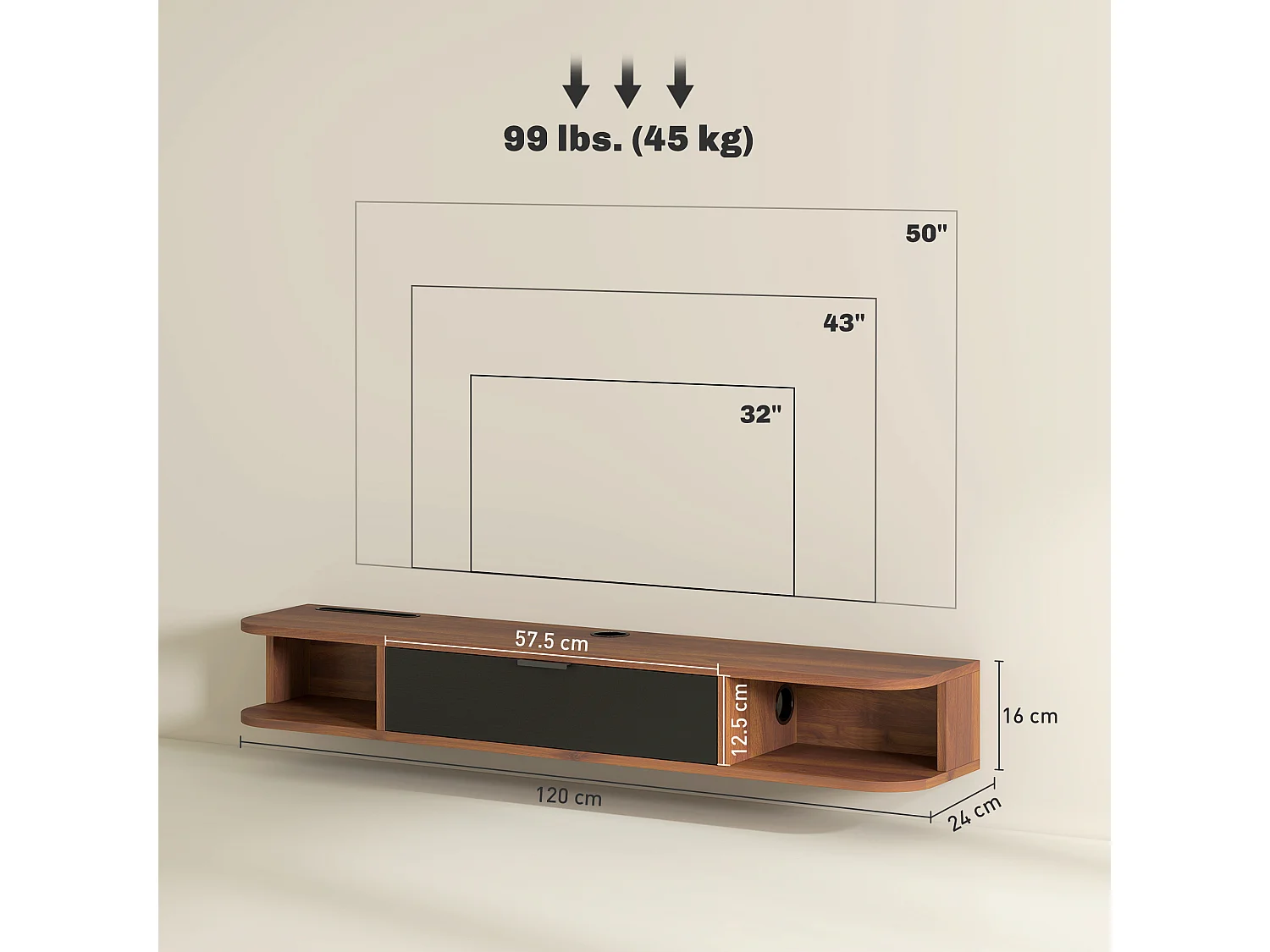 Mobile tv sospeso mobile porta tv fino a 50" con cassetto ribaltabile