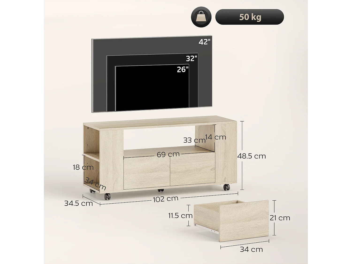 Mobile porta tv fino a 42 mobiletto tv con ruote girevoli e freno