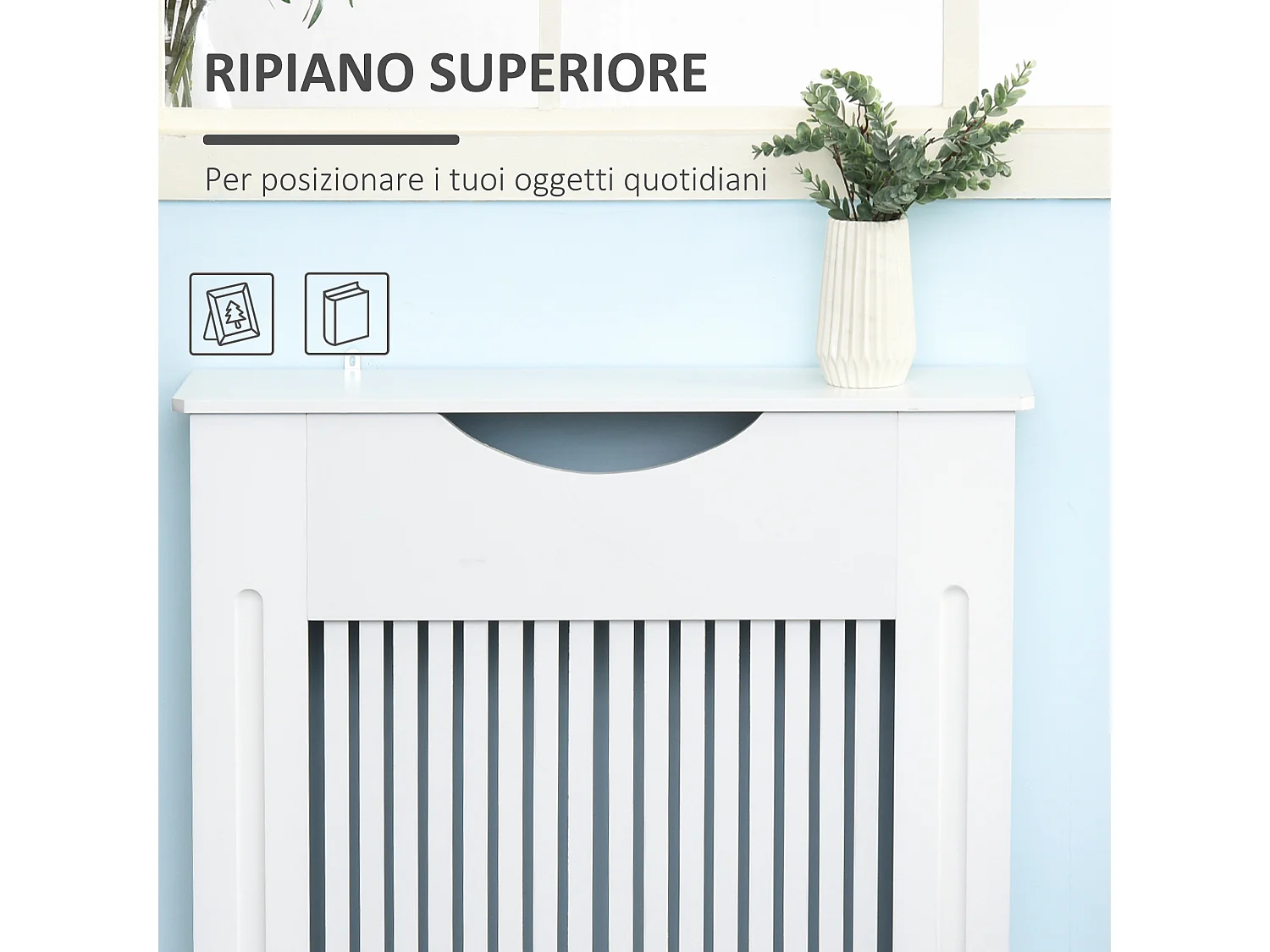 Copritermosifone bianco in mdf 78x19x82 cm con piano d'appoggio