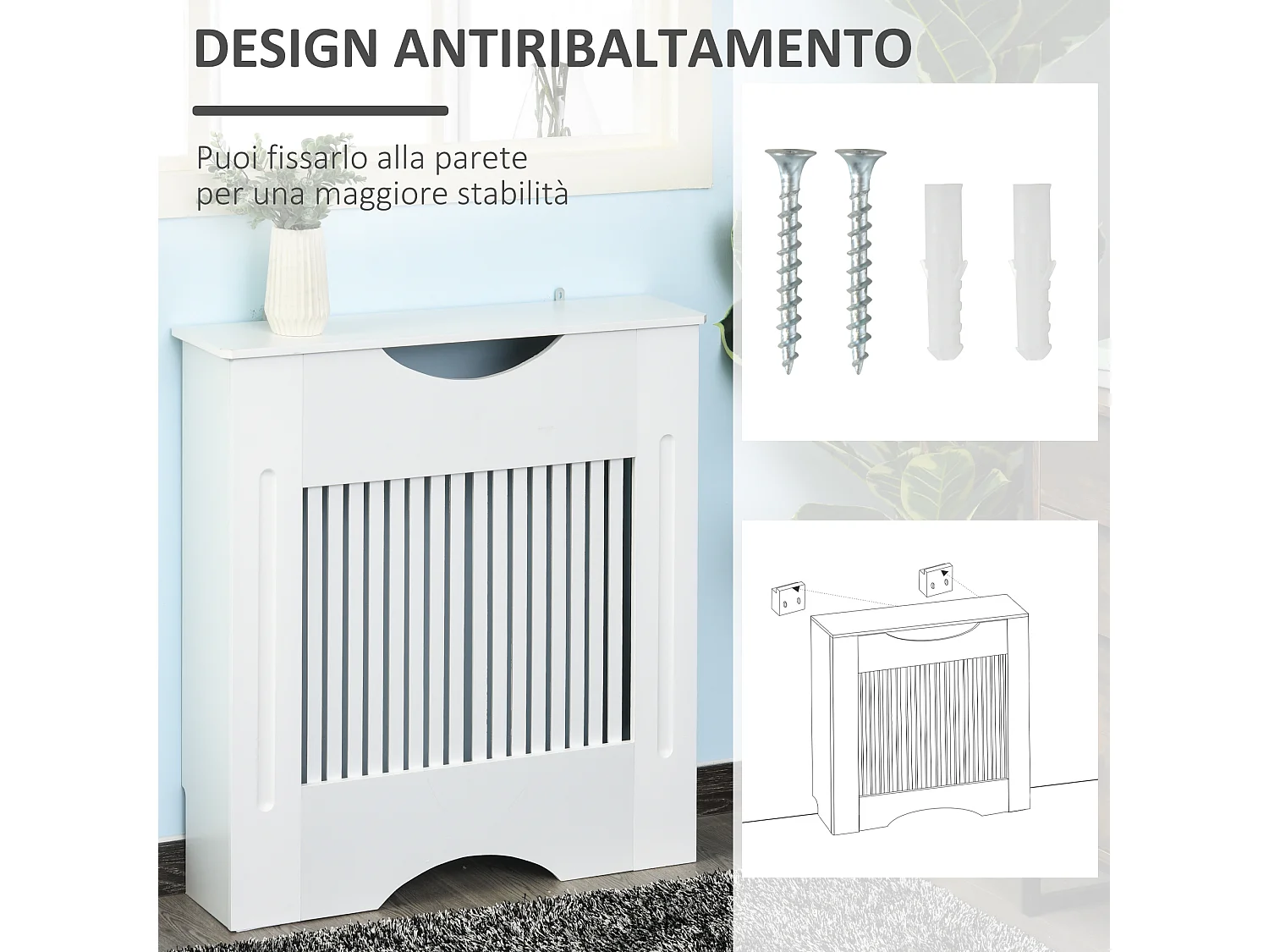 Copritermosifone bianco in mdf 78x19x82 cm con piano d'appoggio