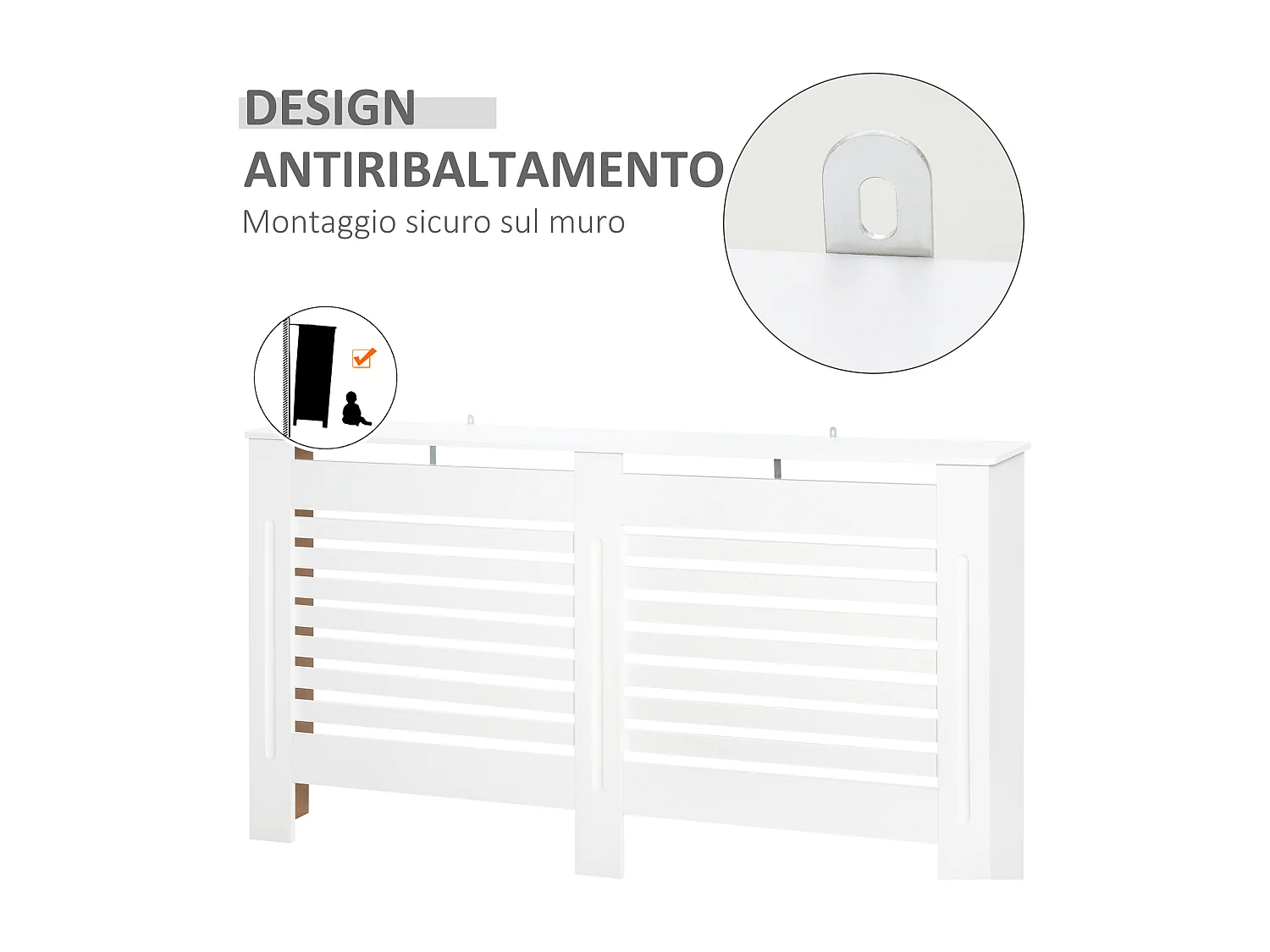 Copritermosifoni a doghe con ripiano in legno bianco 172x19x81 cm