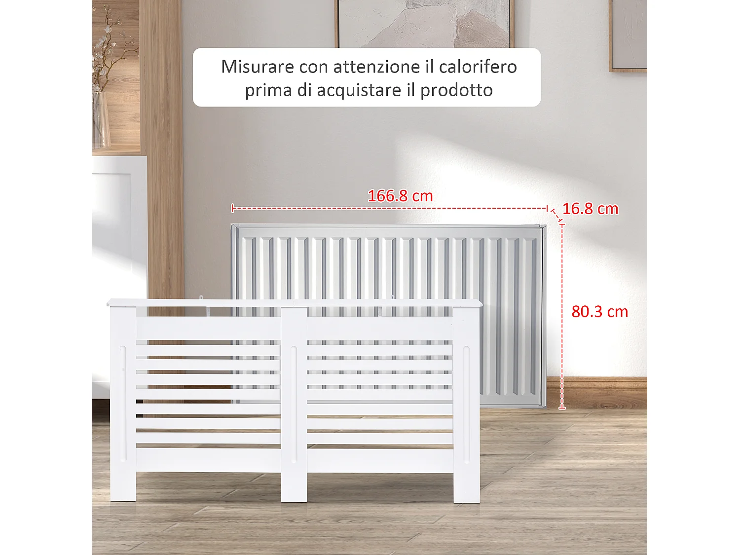 Copritermosifoni a doghe con ripiano in legno bianco 172x19x81 cm