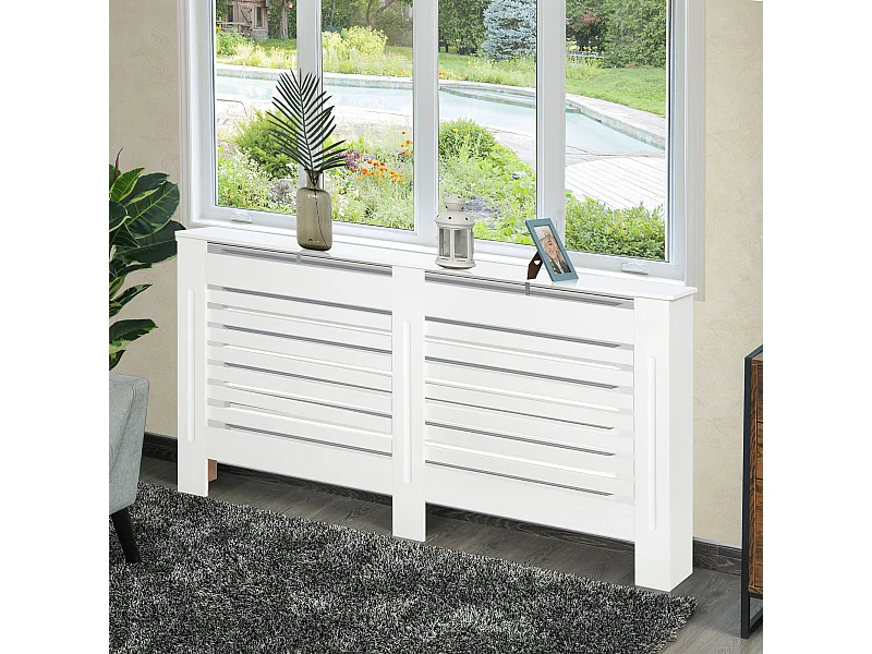 Copritermosifoni a doghe con ripiano in legno bianco 172x19x81 cm