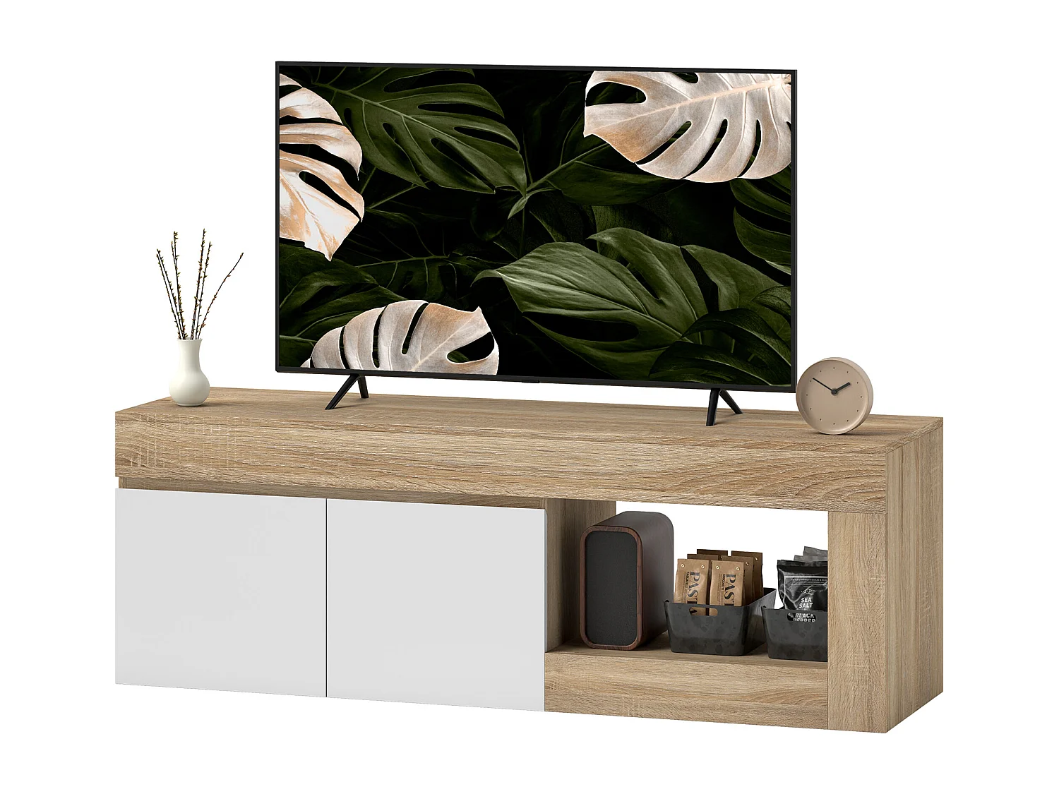 Mobile porta tv 60 pollici con armadietto 2 ante colore legno e bianco