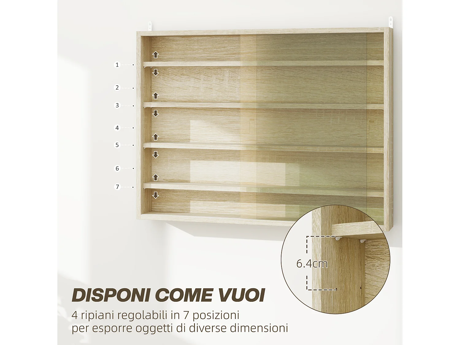 Vetrina espositiva da parete a 4 ripiani regolabili vetrinetta per collezionismo