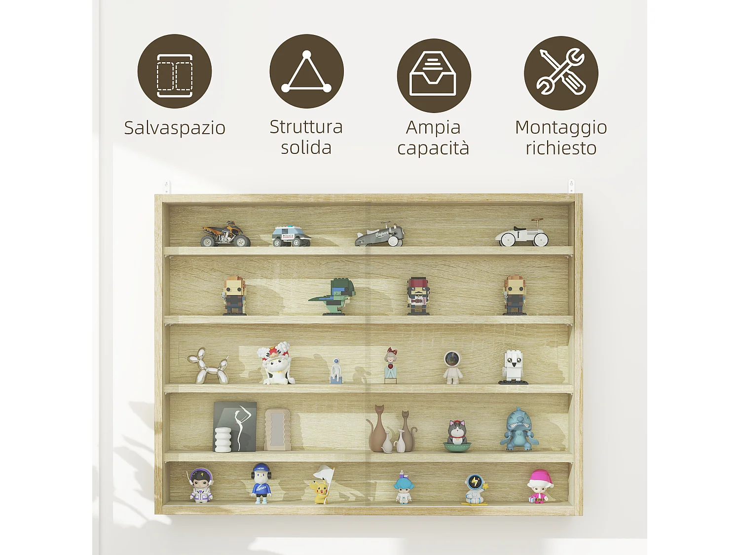 Vetrina espositiva da parete a 4 ripiani regolabili vetrinetta per collezionismo