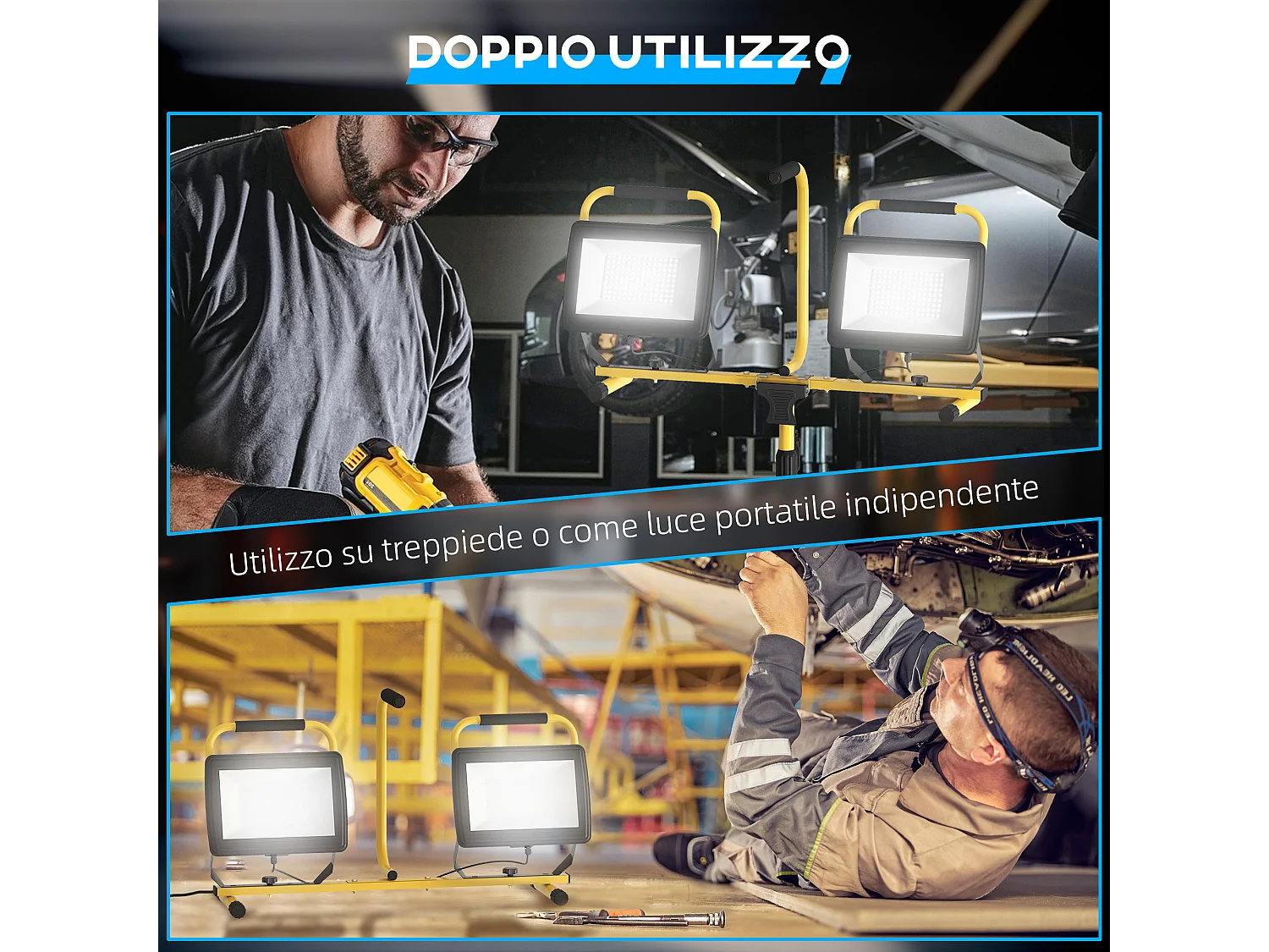 Faretti led da lavoro da 6500k con treppiede giallo e nero