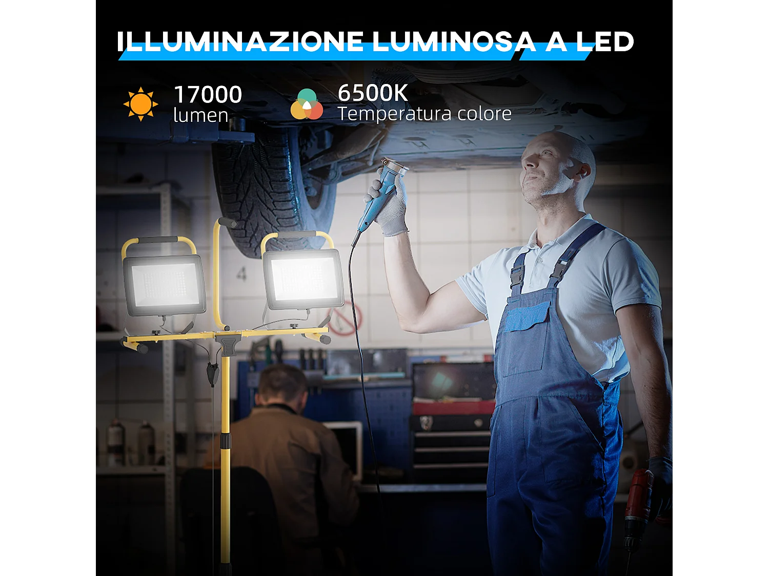 Faretti led da lavoro da 6500k con treppiede giallo e nero
