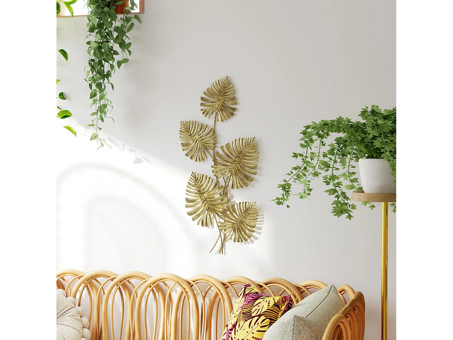 Wall art a 5 foglie di monstera in metallo dorato 83x2.5x39 cm