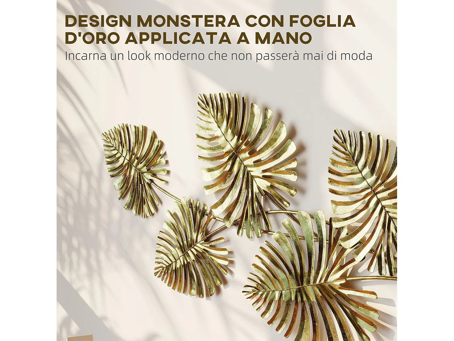 Wall art a 5 foglie di monstera in metallo dorato 83x2.5x39 cm