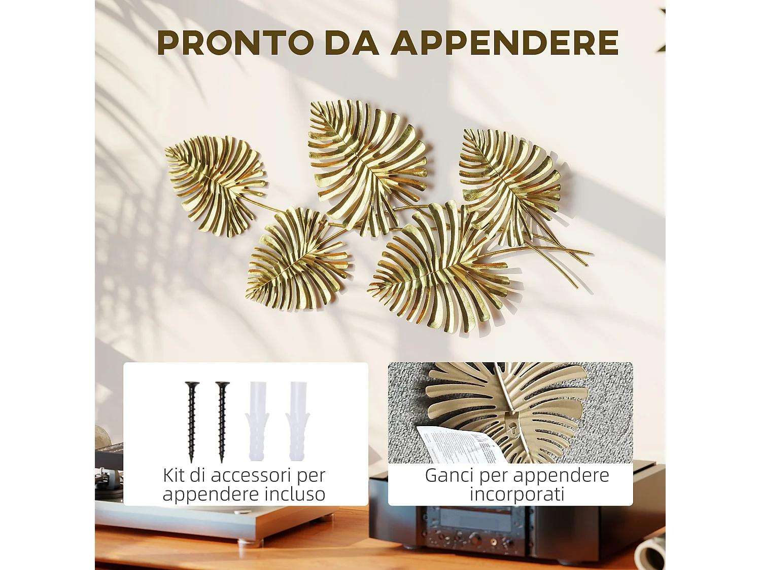Wall art a 5 foglie di monstera in metallo dorato 83x2.5x39 cm
