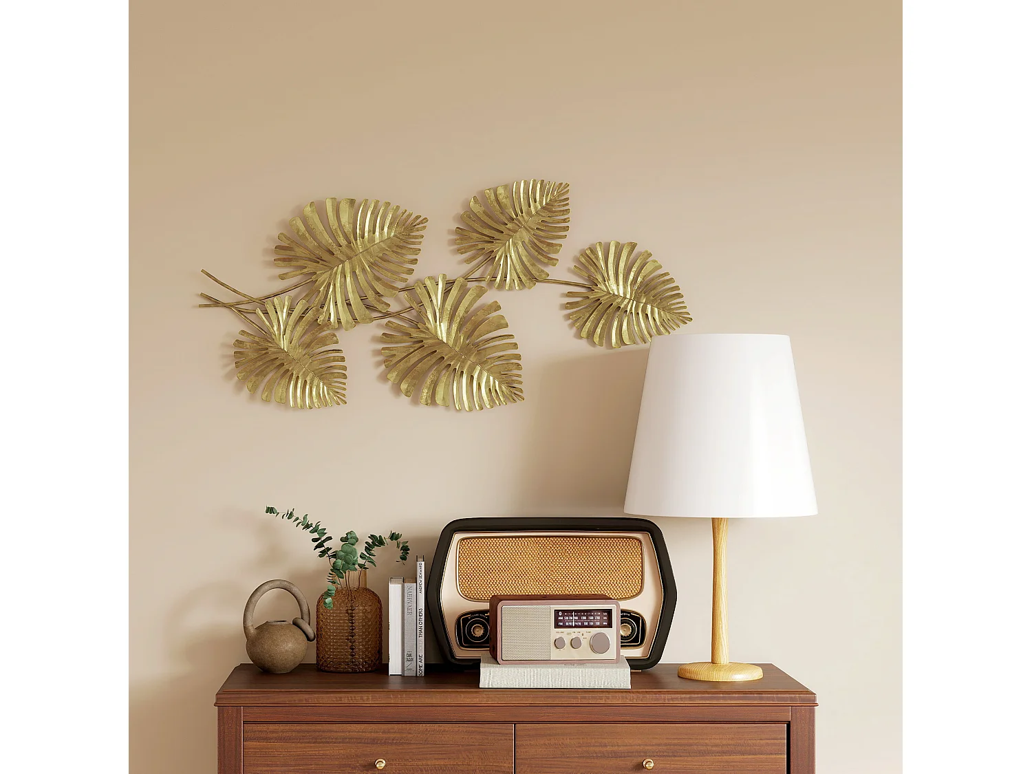 Wall art a 5 foglie di monstera in metallo dorato 83x2.5x39 cm