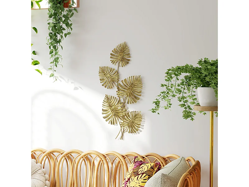 Wall art a 5 foglie di monstera in metallo dorato 83x2.5x39 cm
