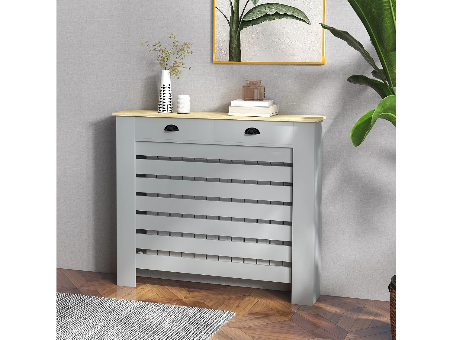 Copritermosifone a doghe con 2 cassetti in mdf 111x19x95.5cm grigio