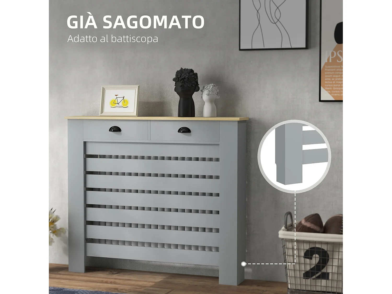 Copritermosifone a doghe con 2 cassetti in mdf 111x19x95.5cm grigio