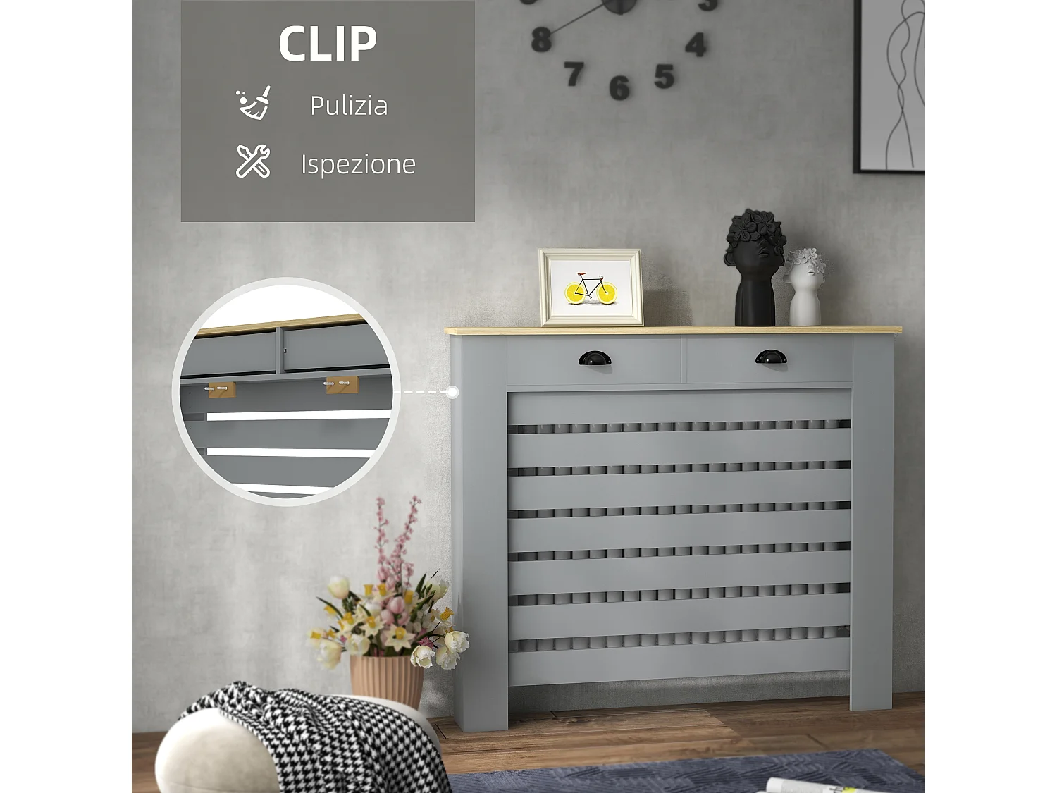 Copritermosifone a doghe con 2 cassetti in mdf 111x19x95.5cm grigio