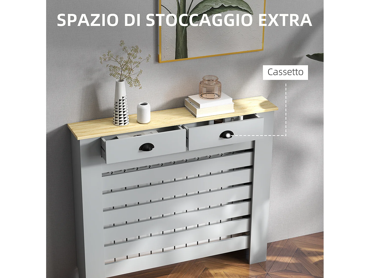 Copritermosifone a doghe con 2 cassetti in mdf 111x19x95.5cm grigio