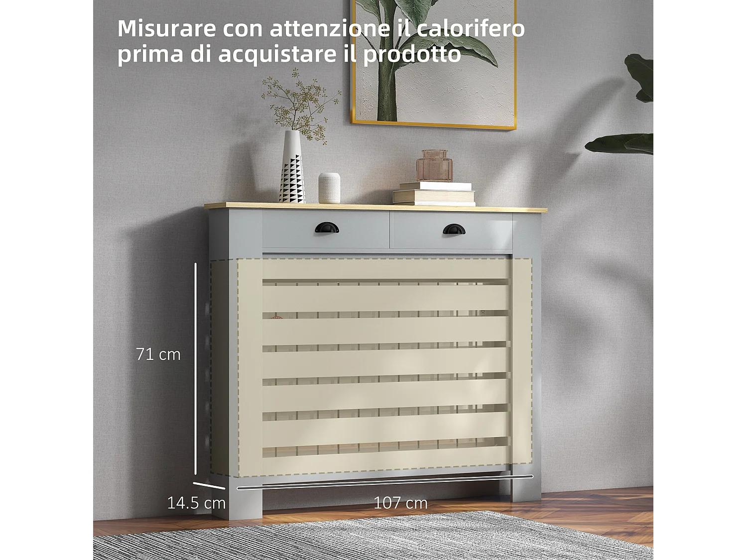 Copritermosifone a doghe con 2 cassetti in mdf 111x19x95.5cm grigio