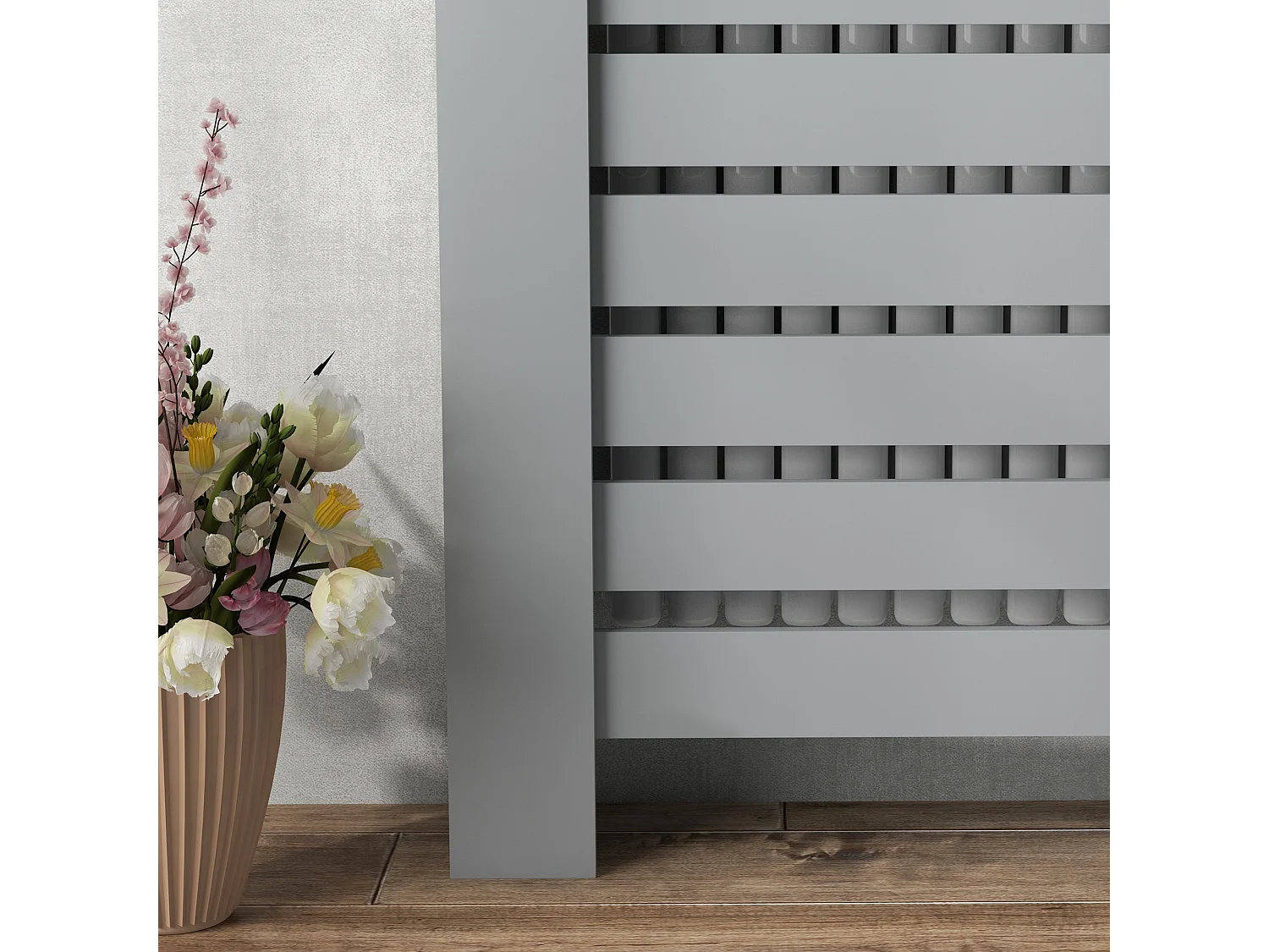 Copritermosifone a doghe con 2 cassetti in mdf 111x19x95.5cm grigio