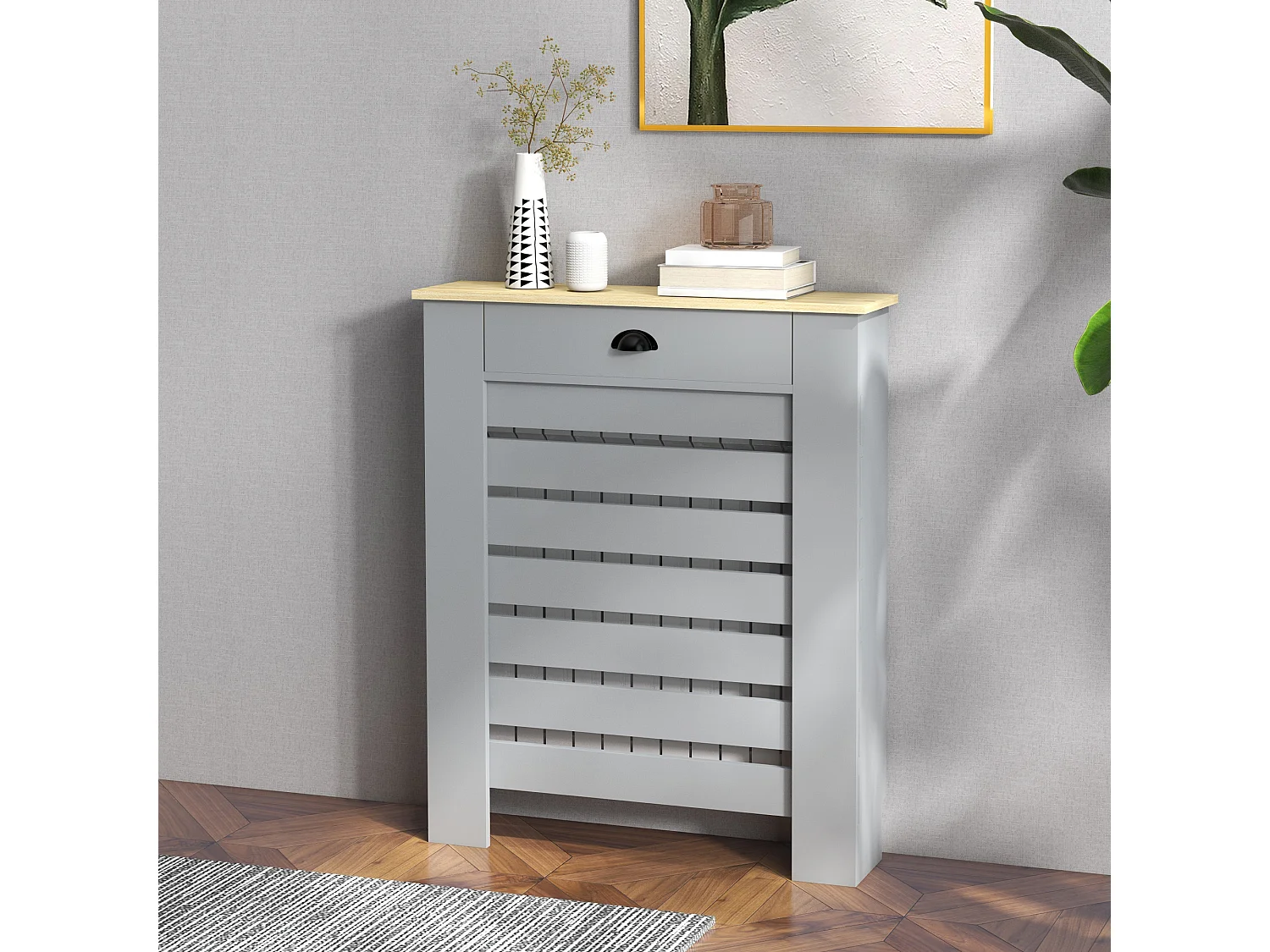 Copritermosifone a doghe con cassetto in mdf 78x19x95.5cm grigio