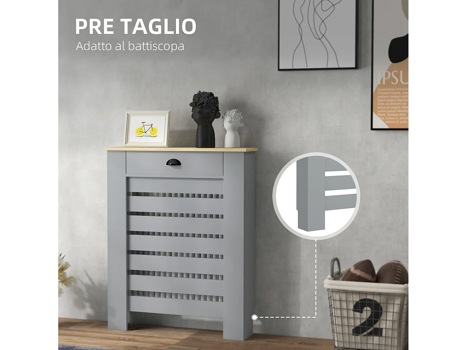 Copritermosifone a doghe con cassetto in mdf 78x19x95.5cm grigio