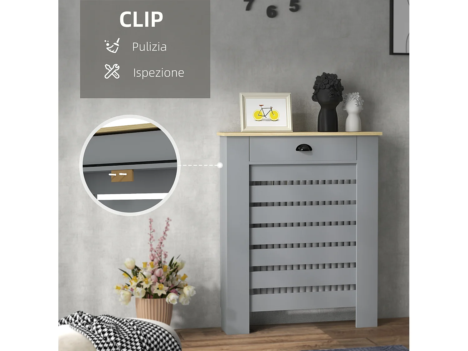 Copritermosifone a doghe con cassetto in mdf 78x19x95.5cm grigio