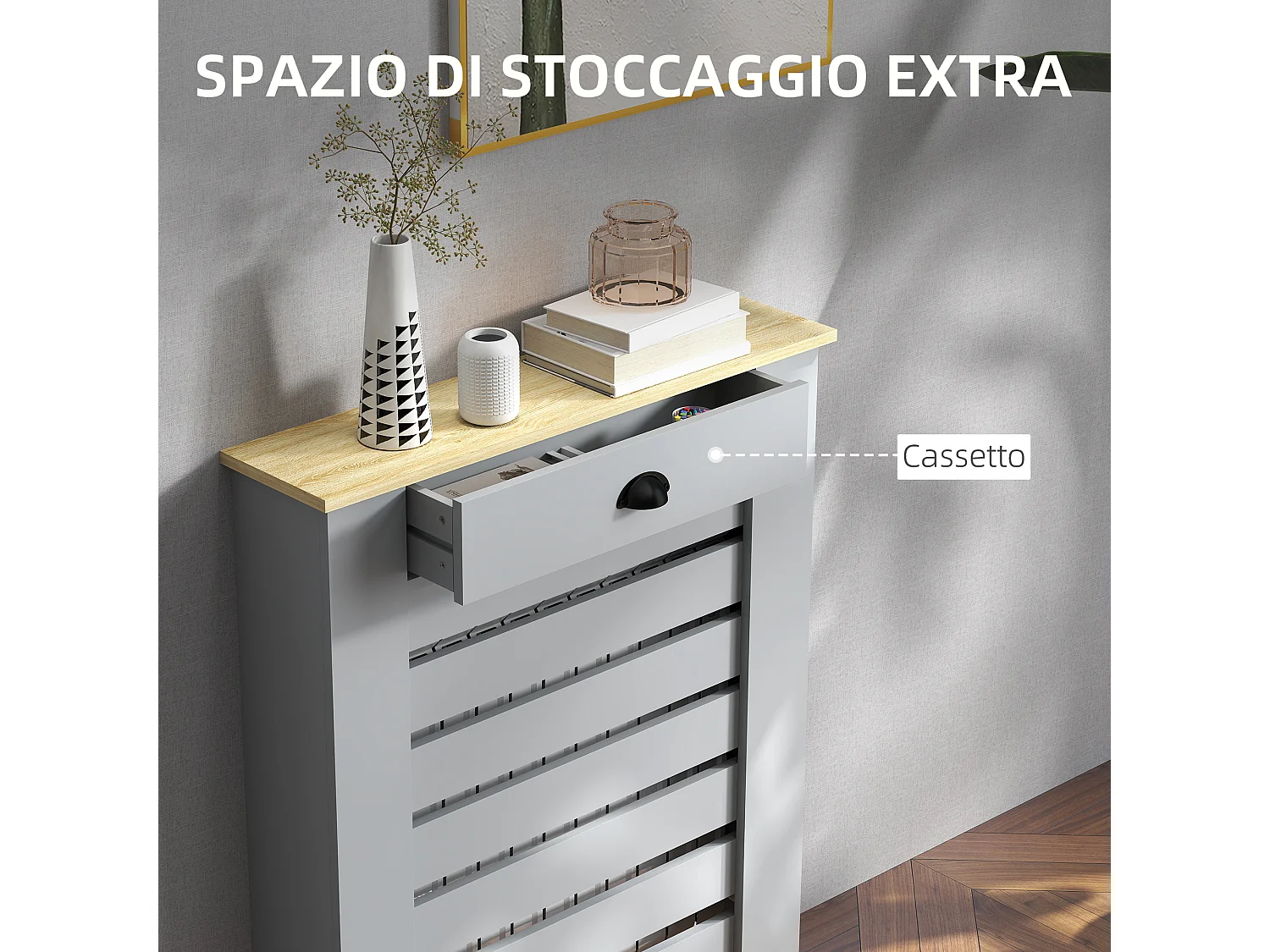 Copritermosifone a doghe con cassetto in mdf 78x19x95.5cm grigio