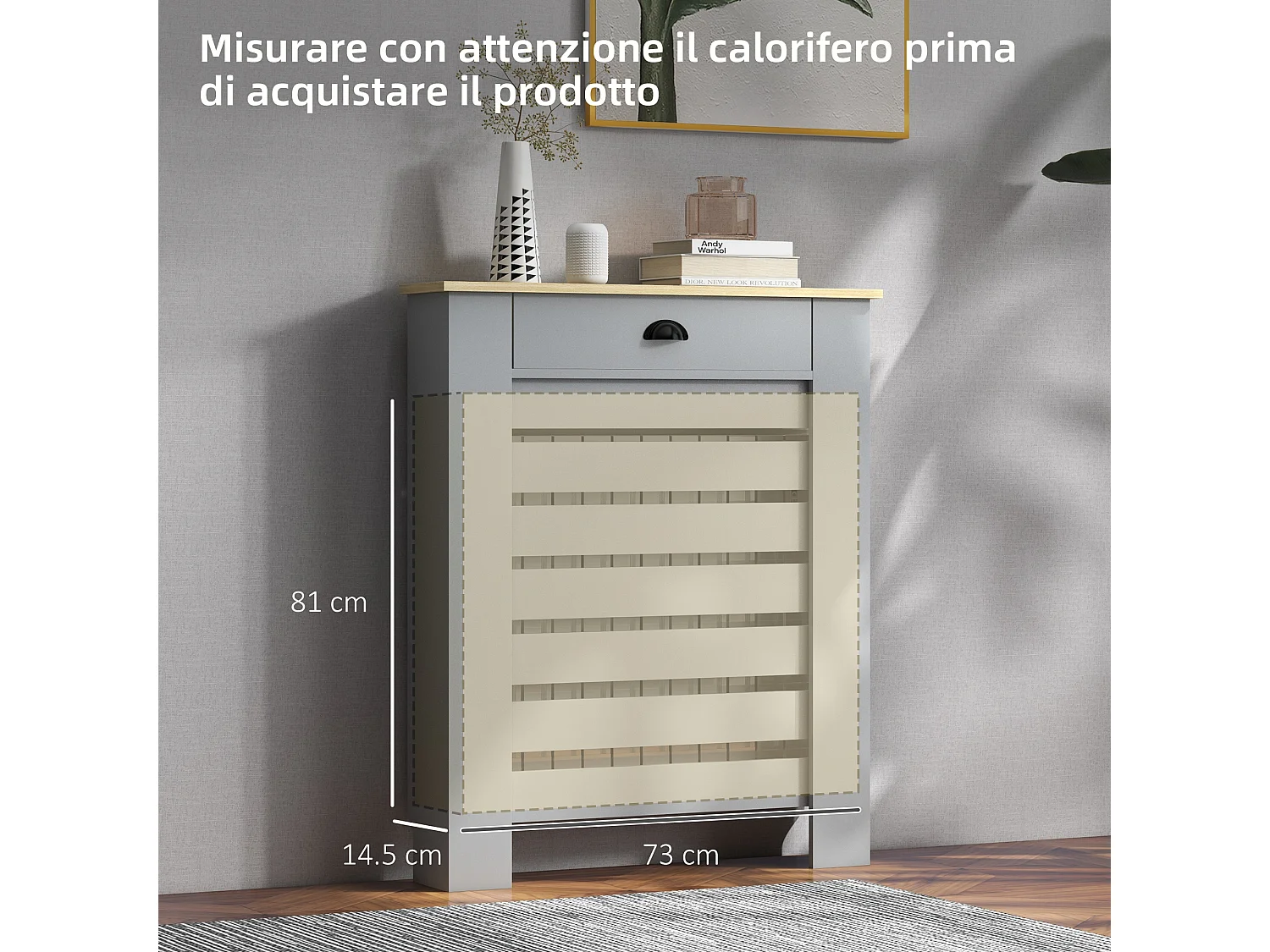 Copritermosifone a doghe con cassetto in mdf 78x19x95.5cm grigio