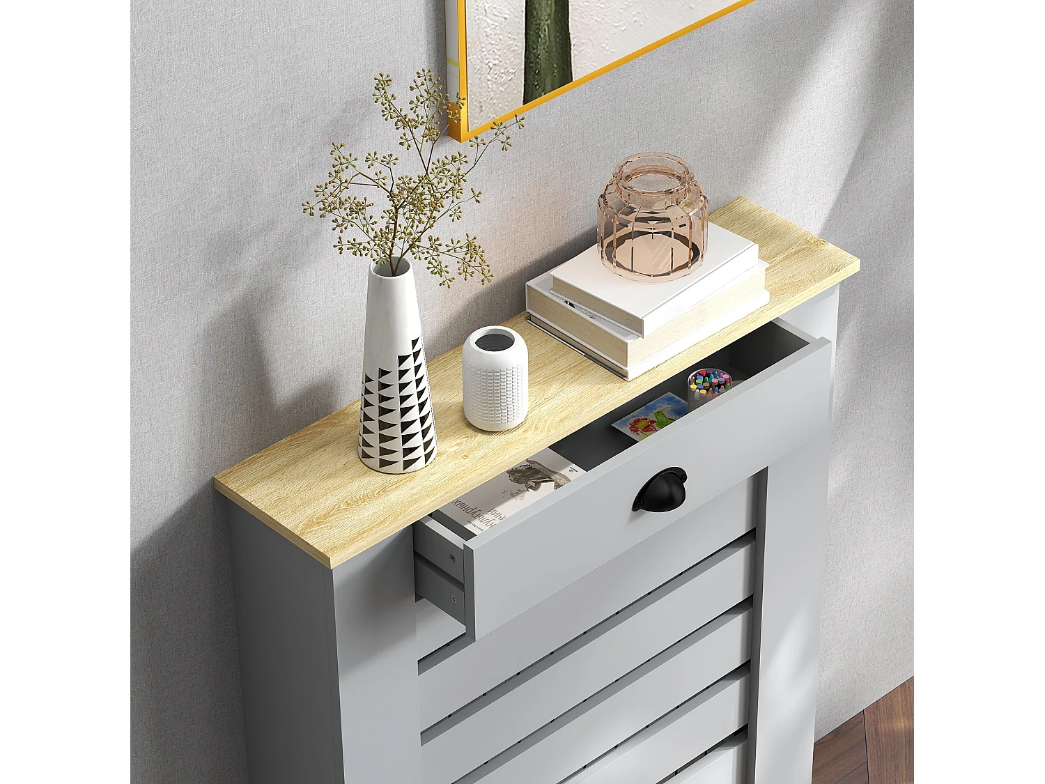 Copritermosifone a doghe con cassetto in mdf 78x19x95.5cm grigio