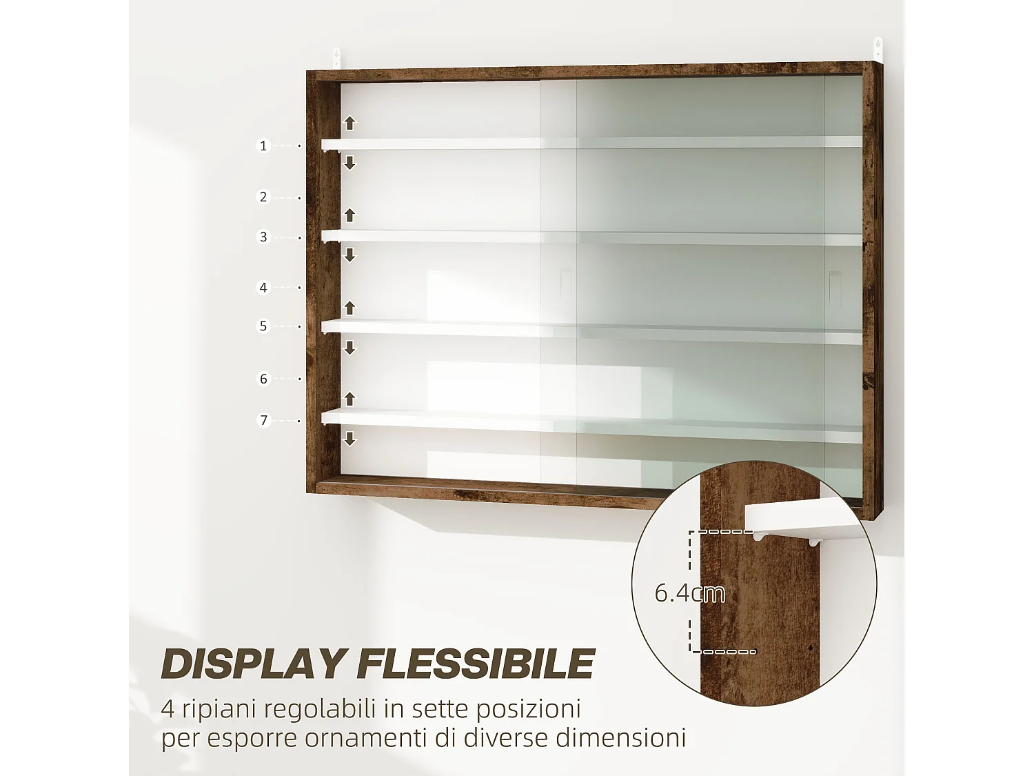 Vetrina espositiva da parete a 4 ripiani regolabili vetrinetta per collezionismo