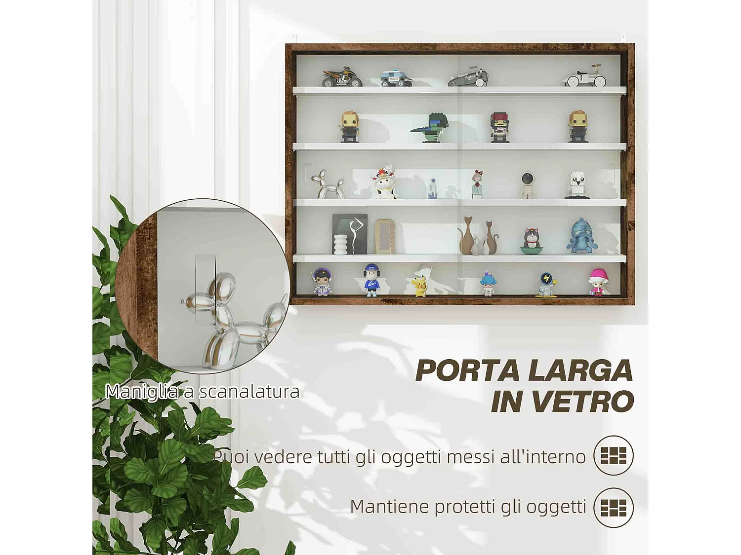 Vetrina espositiva da parete a 4 ripiani regolabili vetrinetta per collezionismo