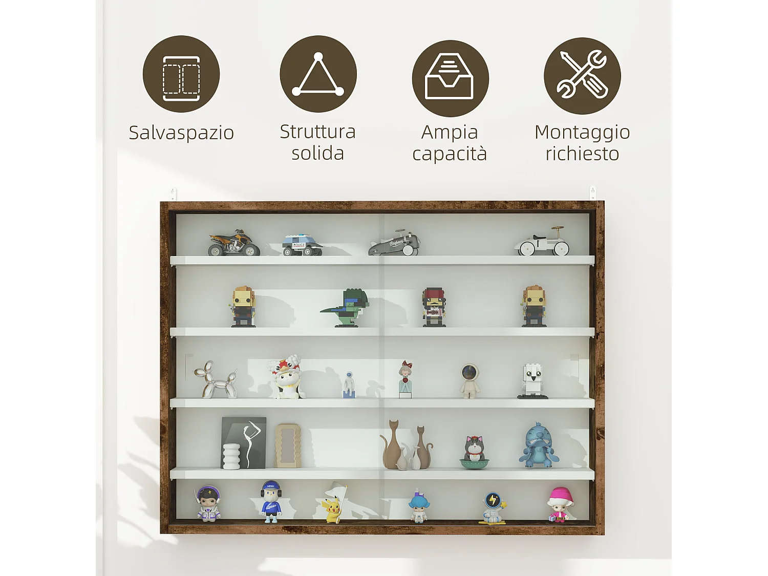 Vetrina espositiva da parete a 4 ripiani regolabili vetrinetta per collezionismo