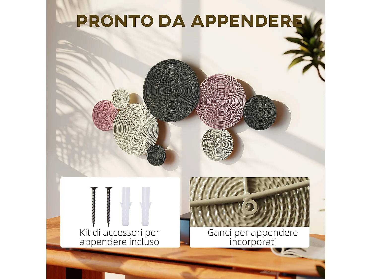 Wall art a 8 dischi 3d in metallo color bronzo, arancione e giallo