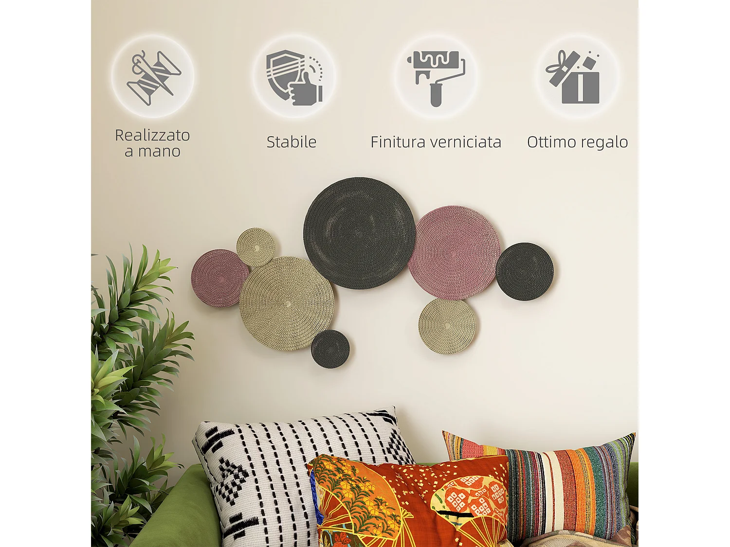 Wall art a 8 dischi 3d in metallo color bronzo, arancione e giallo