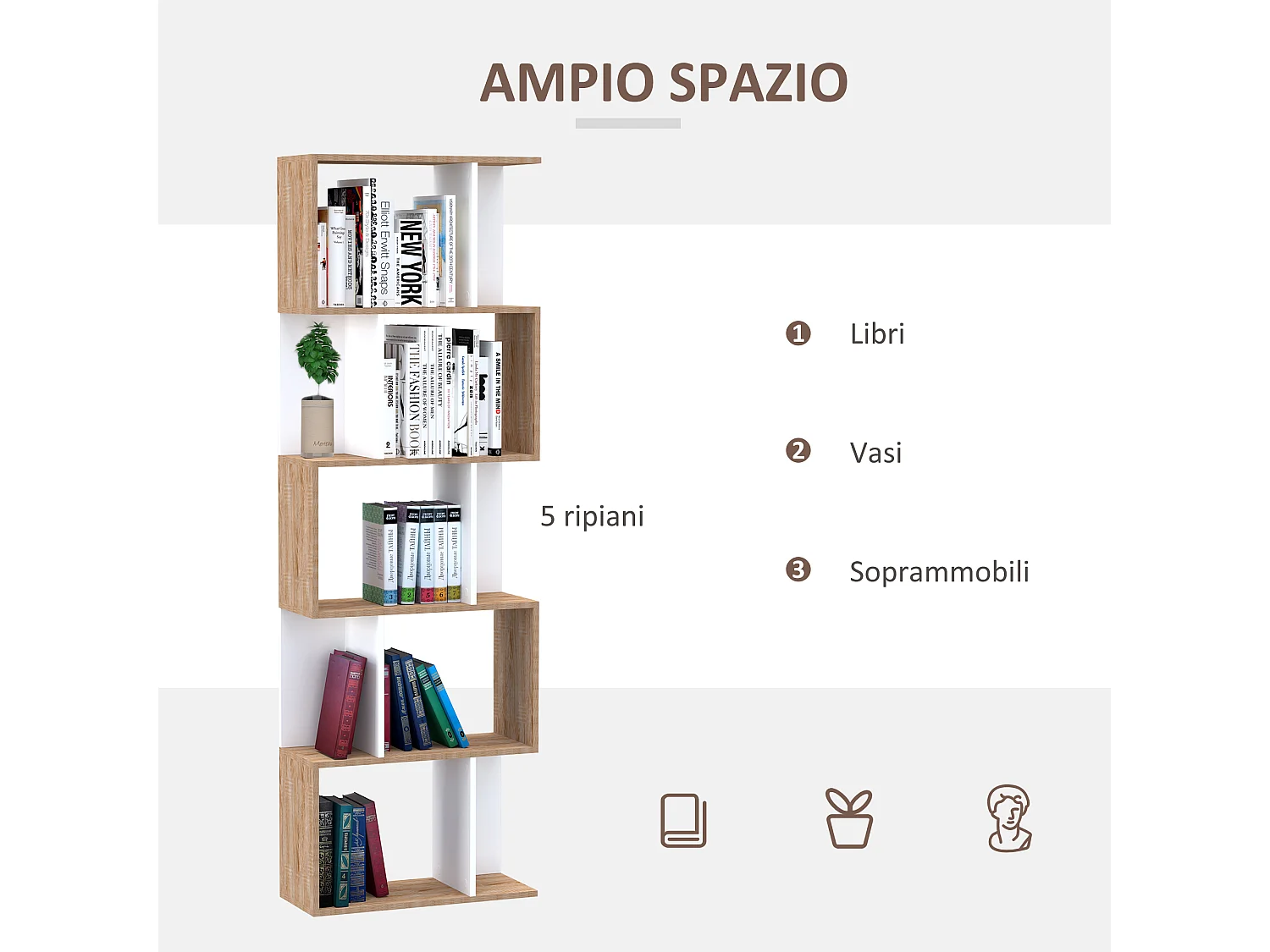 Mobile libreria design moderno a 5 ripiani in legno bianco e legno