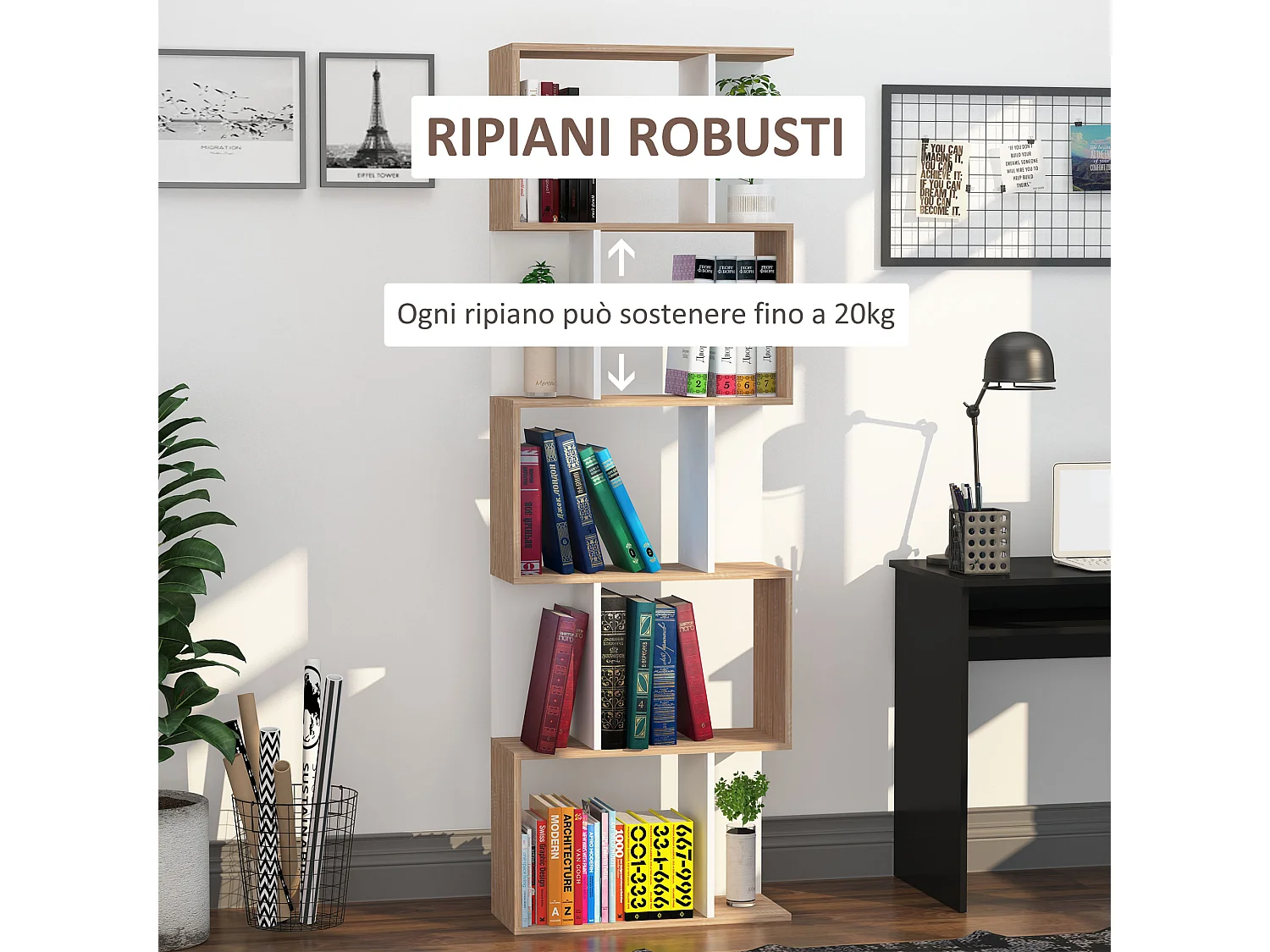 Mobile libreria design moderno a 5 ripiani in legno bianco e legno