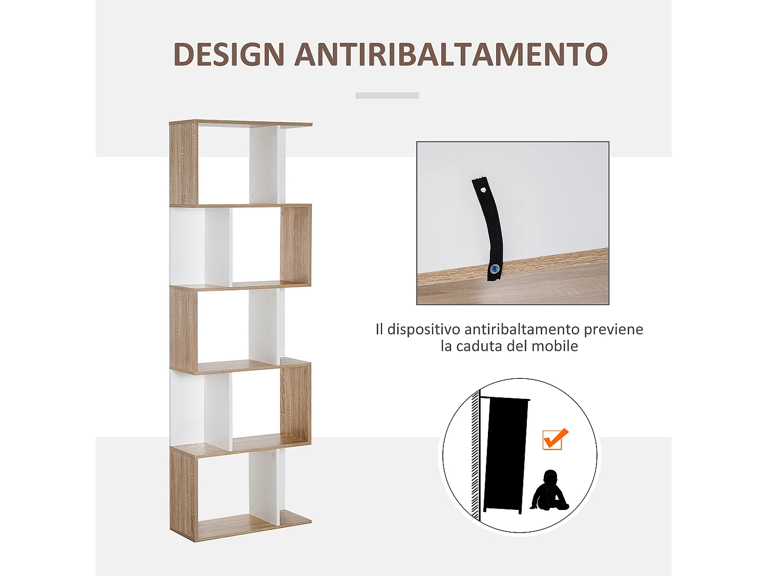 Mobile libreria design moderno a 5 ripiani in legno bianco e legno