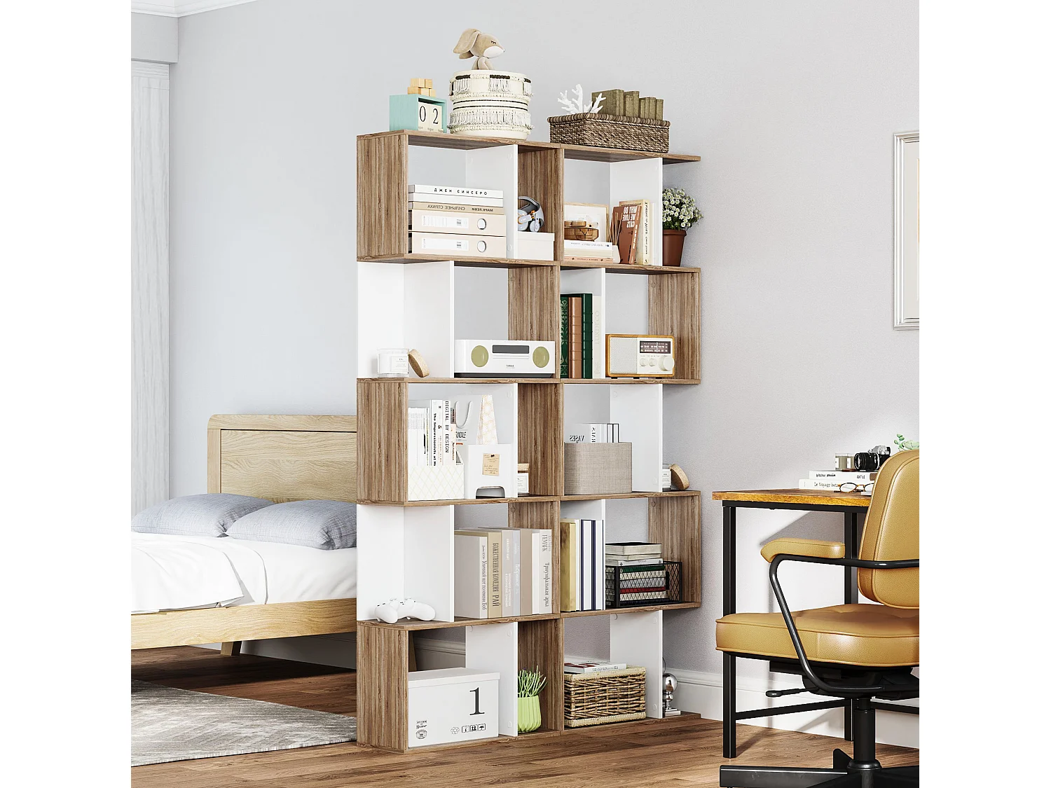 Mobile libreria design moderno a 5 ripiani in legno bianco e legno