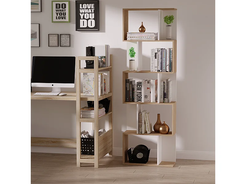 Mobile libreria design moderno a 5 ripiani in legno bianco e legno